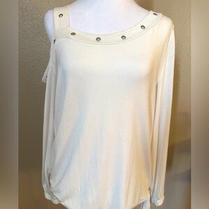 Fever White Asymmetrical Cold Shoulder Blouse with Silver Accents